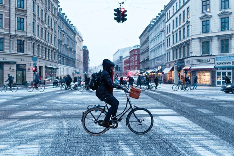 Winter street in Copenhagen with bicycle