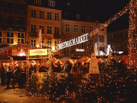 Christmas market lit up